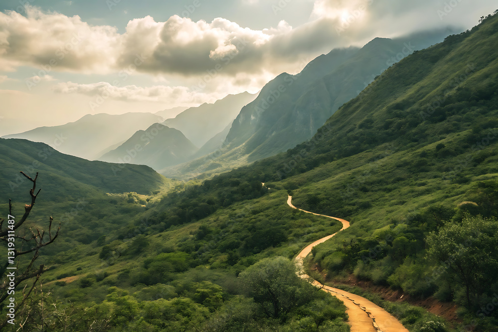 Scenic landscape of misty mountains with golden pathway for tranquil journey inspiration. Scenic landscape of misty mountains with golden pathway for tranquil journey inspiration.