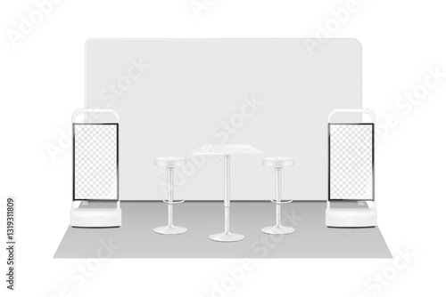 Trade show booth display kit mock-up. Expo tradeshow set template. Backdrop banner, adjustable height table, two bar stools, digital LED display exhibition stands. 3d vector mockup. Easy editable