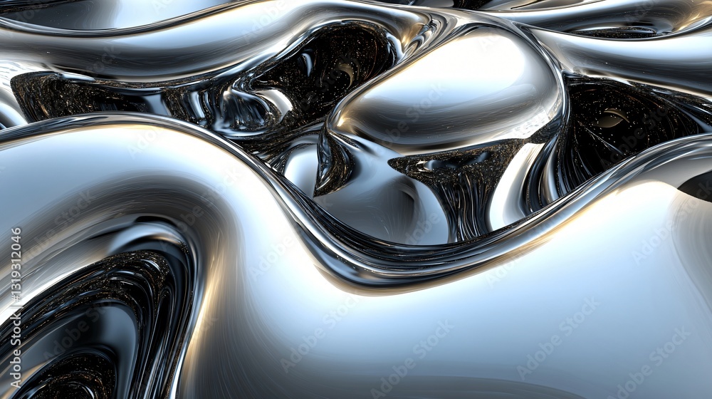 Abstract metallic fluid texture with a reflective surface and futuristic aesthetics
Abstract metallic fluid texture with a reflective surface and futuristic aesthetics