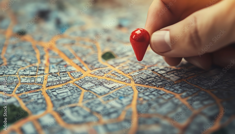 Hand marking a key location with a red pin on a city map, navigation concept, detailed urban geography, ultrarealistic closeup, vibrant pin against map, cartography theme Hand marking a key location with a red pin on a city map, navigation concept, detailed urban geography, ultrarealistic closeup, vibrant pin against map, cartography theme