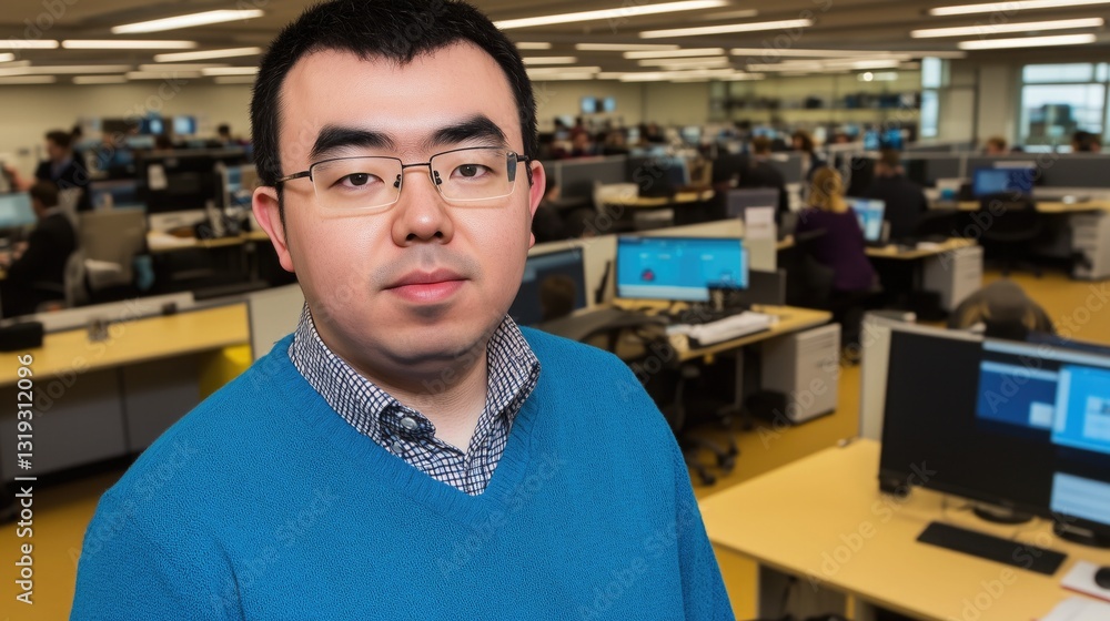 Fototapeta premium Asian man in blue sweater and checkered shirt standing in open - office environment. Busy workplace with multiple desks, computers and colleagues working, showing professional office scene.