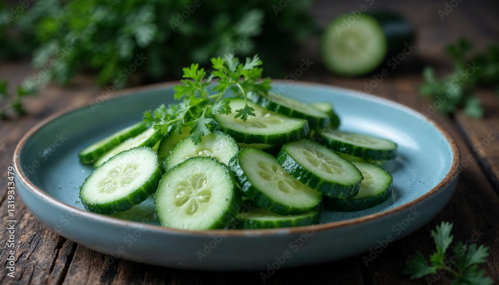 Sliced cucumber on a plate with parsley herb on rustic oak wood. Sliced cucumber on a plate with parsley herb on rustic oak wood.