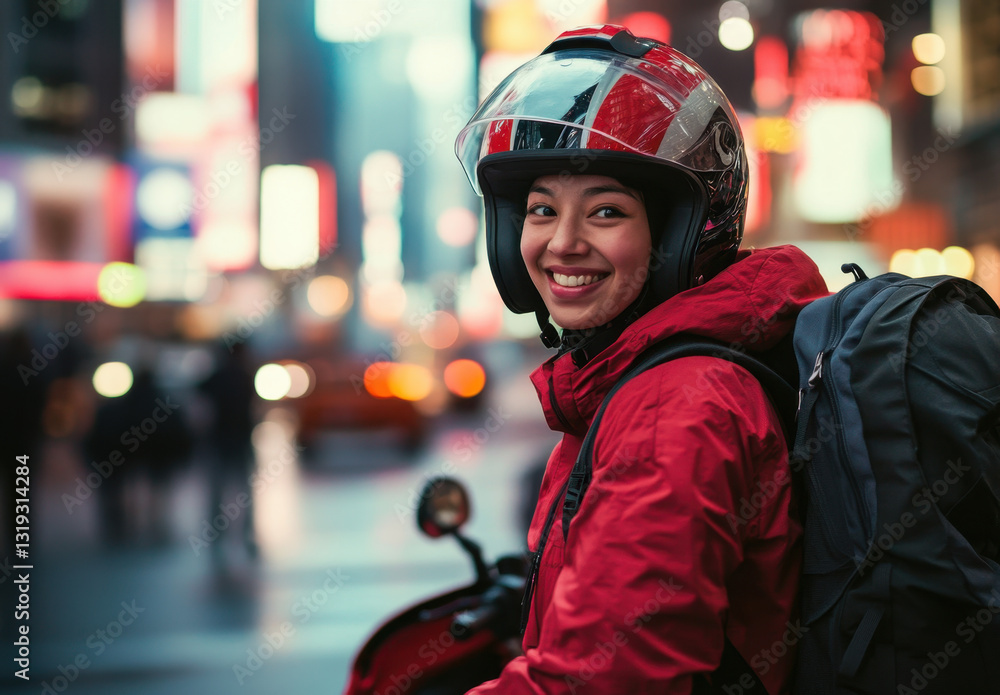 Food delivery person wearing a helmet and red jacket smiles with city lights in the background, showcasing a busy nightlife atmosphere Food delivery person wearing a helmet and red jacket smiles with city lights in the background, showcasing a busy nightlife atmosphere