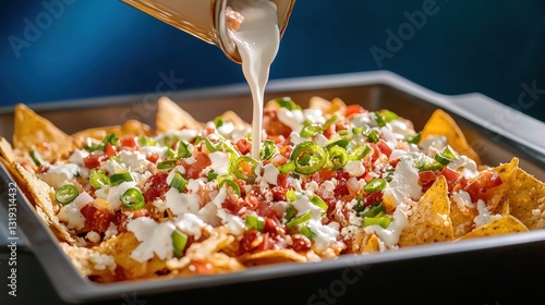 Deliciously tempting nachos with rich cheese sauce being poured generously over crispy tortilla chips on a tray