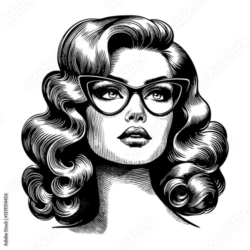 retro woman wear eyeglasses sketch engraving black and white outline. Scratch board imitation.
