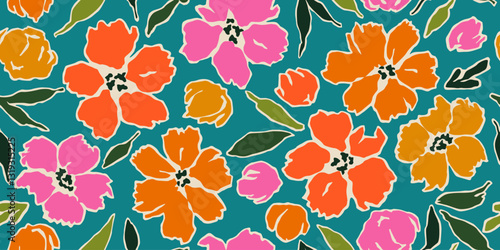 Batik hand drawn flowers, seamless patterns with floral for fabric, textiles, clothing, wallpaper, wall art, cover, banner, home decor, abstract backgrounds.