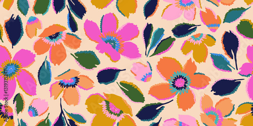 Exotic hand drawn flowers, seamless patterns with floral for fabric, textiles, clothing, wrapping paper, cover, banner, home decor, abstract backgrounds.