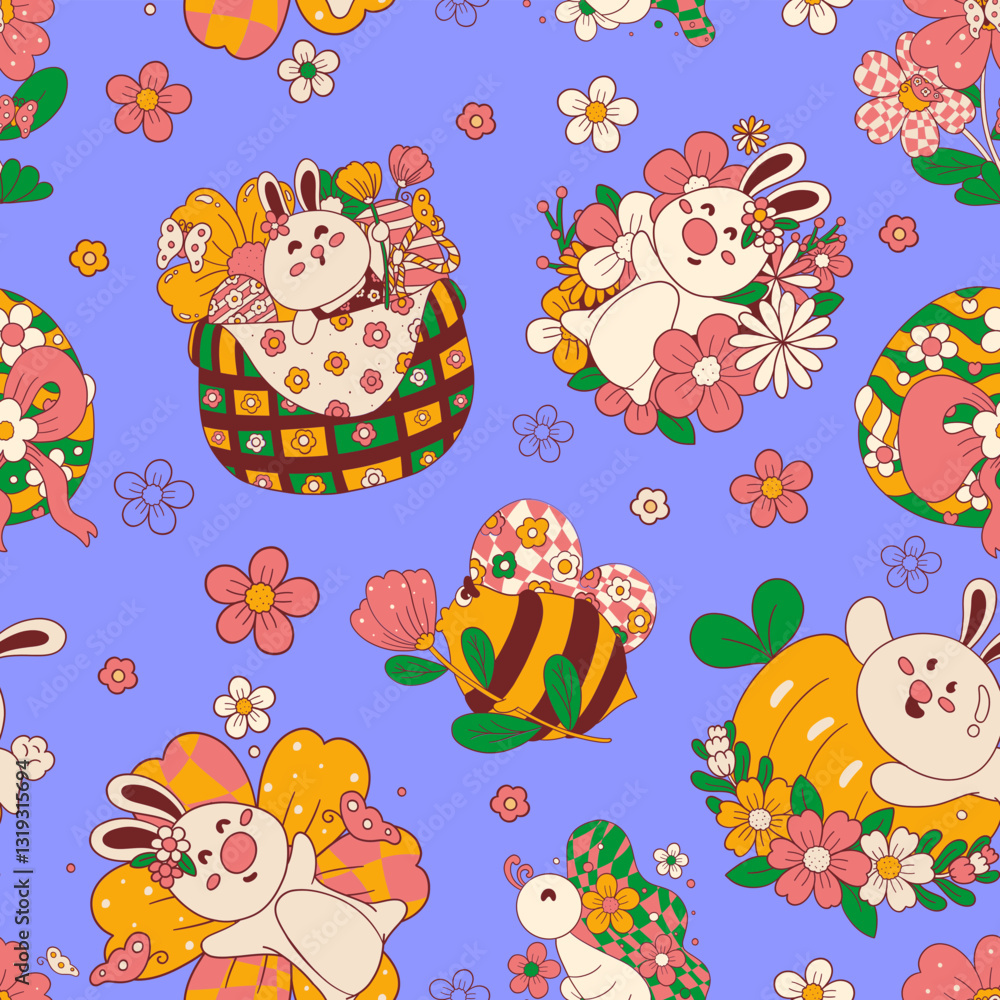 Fototapeta premium Seamless pattern groovy easter bunny and spring flower on color background. 