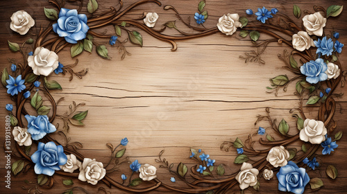 blue and white floral frame, on wooden board