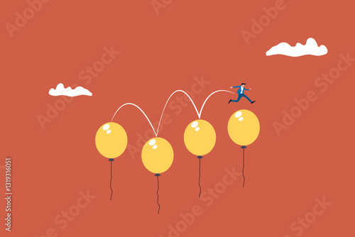 Businessman jumping on balloon. concept of opportunity, success, and goal
