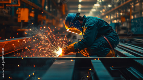 Industrial Welder Working in a Factory with Sparks Flying