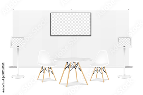 Trade show booth display kit mock-up. Expo tradeshow set template. Backdrop banner stand with LCD screen monitor, round table, two chairs, digital tablet holders. 3d vector mockup. Easy editable