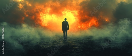 A man is walking through a field of smoke and fire