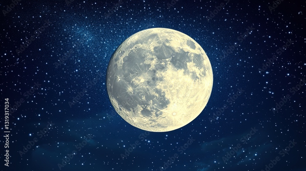 Obraz premium A mesmerizing close-up of the full moon, bathed in a serene pale yellowish-white hue with subtle blue hints, showcasing its smooth, captivating lunar surface