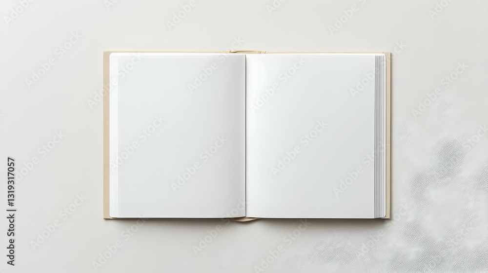 Open Blank Book with White Pages and Beige Cover on White Background with Scattered Sparkling Glitter for Creative Design or Mockup Template Open Blank Book with White Pages and Beige Cover on White Background with Scattered Sparkling Glitter for Creative Design or Mockup Template
