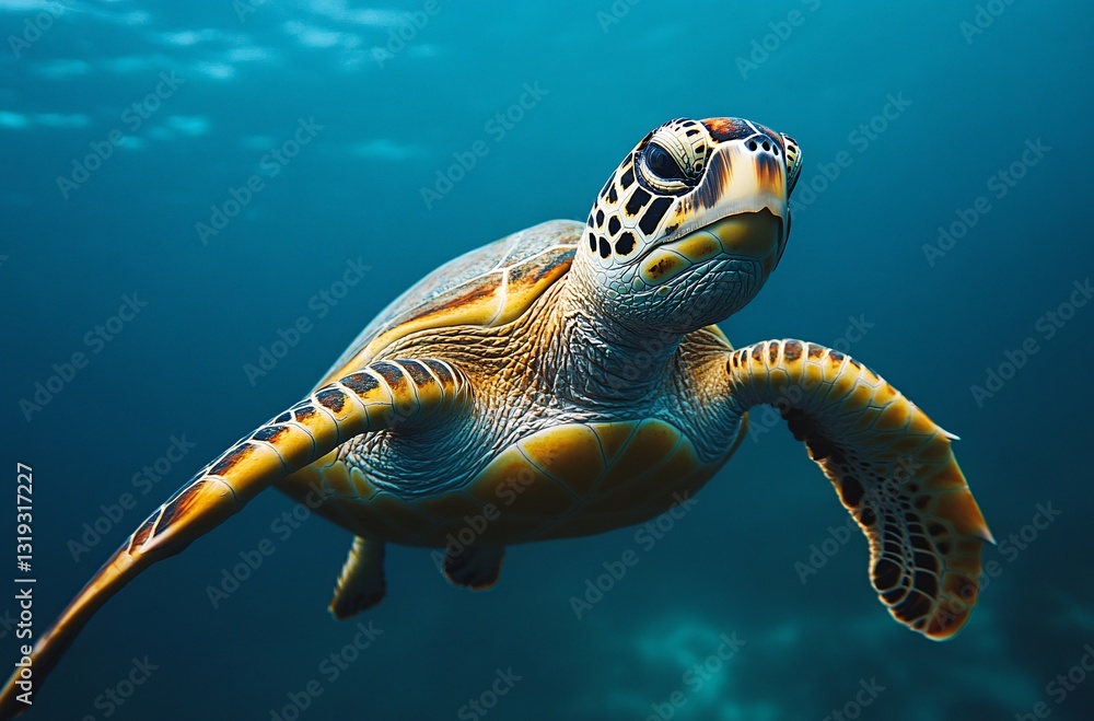 Obraz premium Sea Turtle's Graceful Glide: A stunning close-up underwater shot captures the serene majesty of a sea turtle gliding effortlessly through the clear, blue ocean waters.