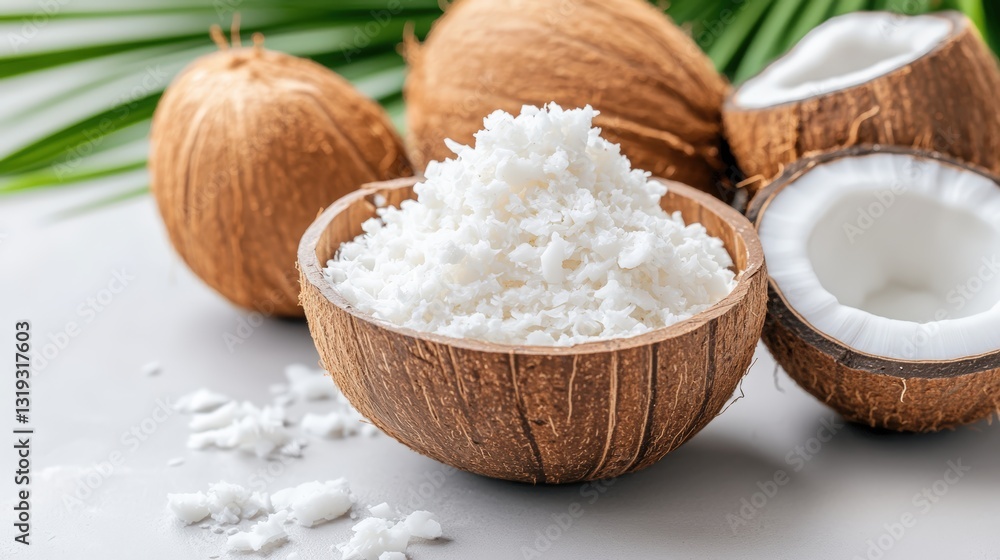Beautiful composition of coconuts and coconut oil displayed elegantly in bowls featuring coconut milk dessert Beautiful composition of coconuts and coconut oil displayed elegantly in bowls featuring coconut milk dessert