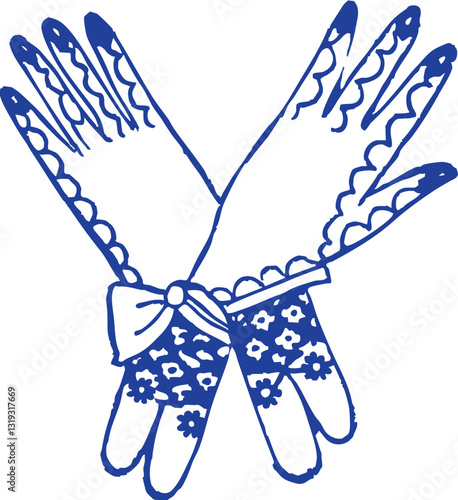 Elegant blue lace gloves with intricate design and bow detail. Perfect for fashion accessories