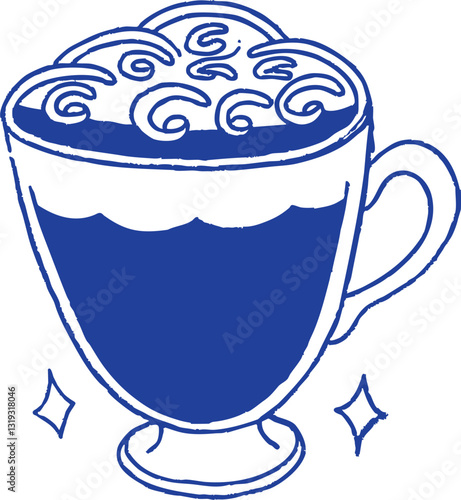 blue coffee cup with swirling steam and sparkles, perfect for cozy moments