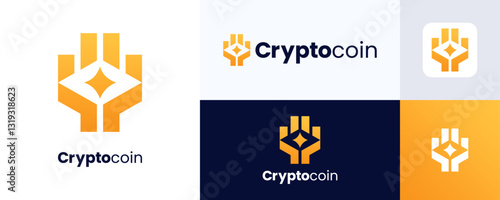 Crypto coin blockchain logo icon design, Vector digital money icon, Crypto currency logo template, Crypto logo design integrated with hand sign for, Simple modern symbol concept for cryptography.