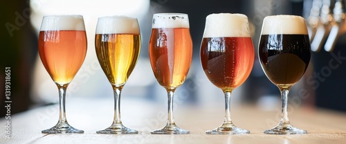 Row of different types of beer displaying craft beer selection for enthusiasts and culinary exploration