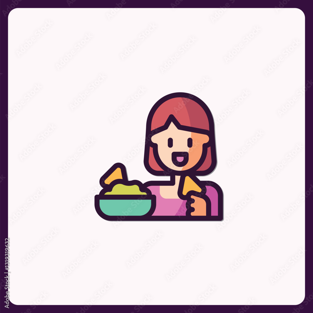 Cartoon woman enjoying nachos with guacamole dip, casual snack icon Cartoon woman enjoying nachos with guacamole dip, casual snack icon