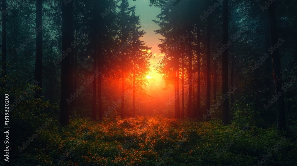Misty forest path illuminated by a fiery sunset Misty forest path illuminated by a fiery sunset