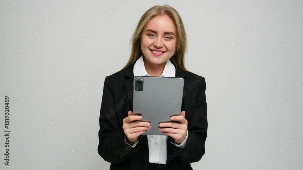 Smiling woman in business attire holds tablet in a neutral background during a professional setting Smiling woman in business attire holds tablet in a neutral background during a professional setting