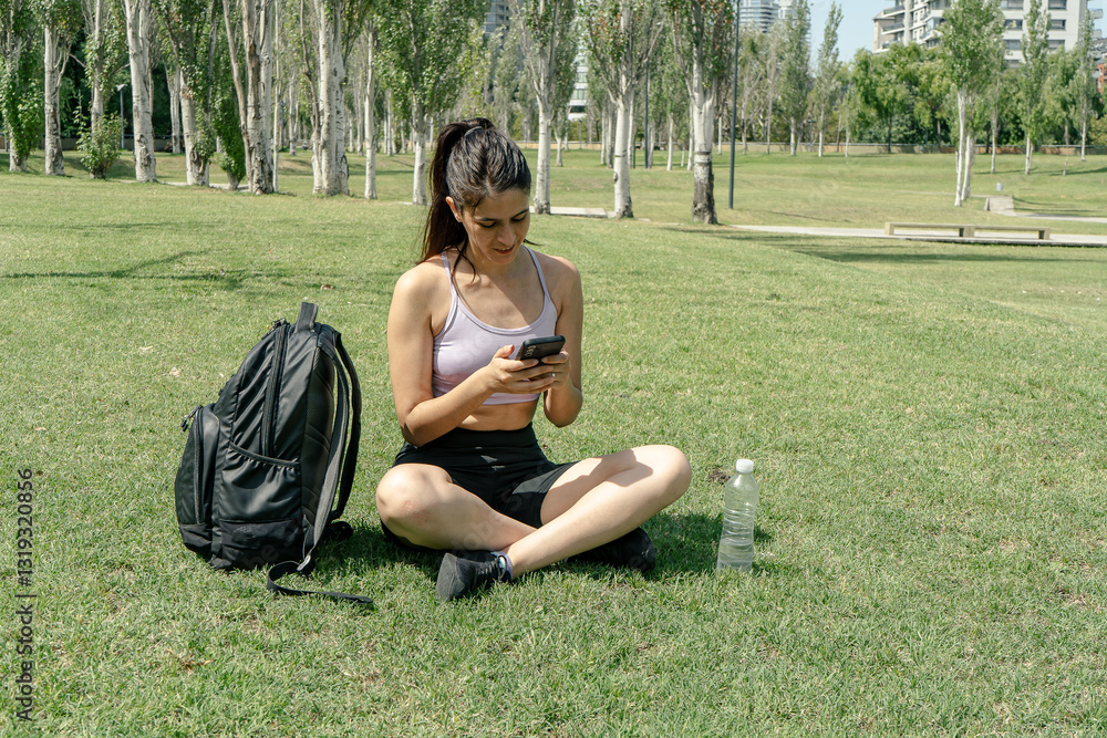 Sportswoman resting after training, checking mobile phone in a park Sportswoman resting after training, checking mobile phone in a park