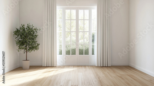 Minimalist interior with large windows, natural light, and potted plant