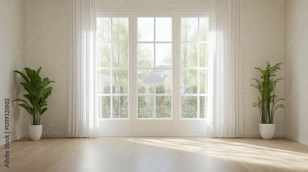 bright and airy room featuring large windows with natural light, two potted plants, and minimalist design. serene atmosphere invites relaxation and tranquility bright and airy room featuring large windows with natural light, two potted plants, and minimalist design. serene atmosphere invites relaxation and tranquility