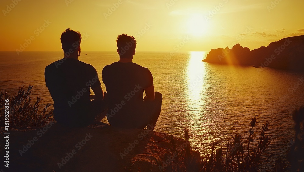 Two friends sitting on the edge of a cliff, watching the sunset over the ocean. Silhouettes of two men enjoying the beautiful view together, with space for text. A man and his friend sit back-to-back Two friends sitting on the edge of a cliff, watching the sunset over the ocean. Silhouettes of two men enjoying the beautiful view together, with space for text. A man and his friend sit back-to-back