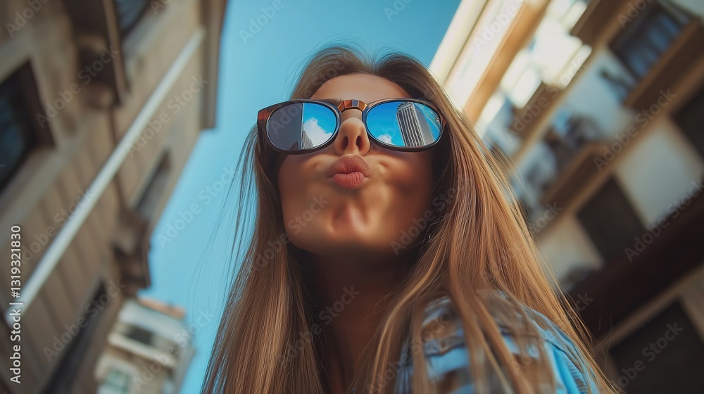 Girl making a playful expression with sunglasses, radiating joy and spontaneity. Girl making a playful expression with sunglasses, radiating joy and spontaneity.