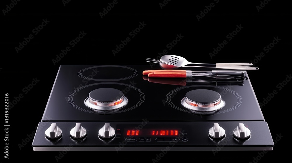 Fototapeta premium Black Glass Top Gas Stove with Four Burners and Silver Controls