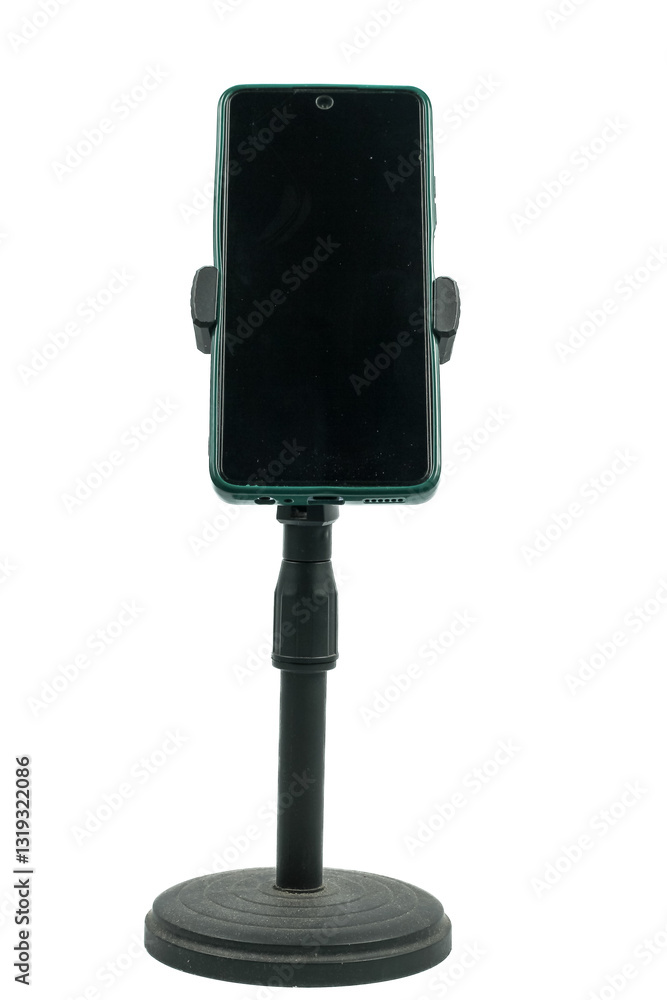 mobile phone mounted on monopod ready to stream online, isolated on white background mobile phone mounted on monopod ready to stream online, isolated on white background