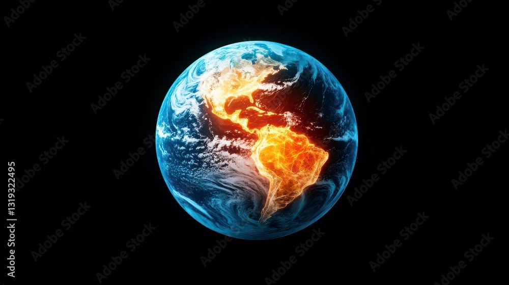 Futuristic Earth Globe with Fiery South America and Blue Oceans Futuristic Earth Globe with Fiery South America and Blue Oceans