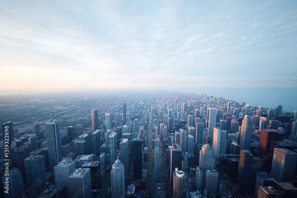 Fototapeta premium aerial view of sprawling megacity at dusk skyscrapers glistening as they catch last light of day intricate web of streets