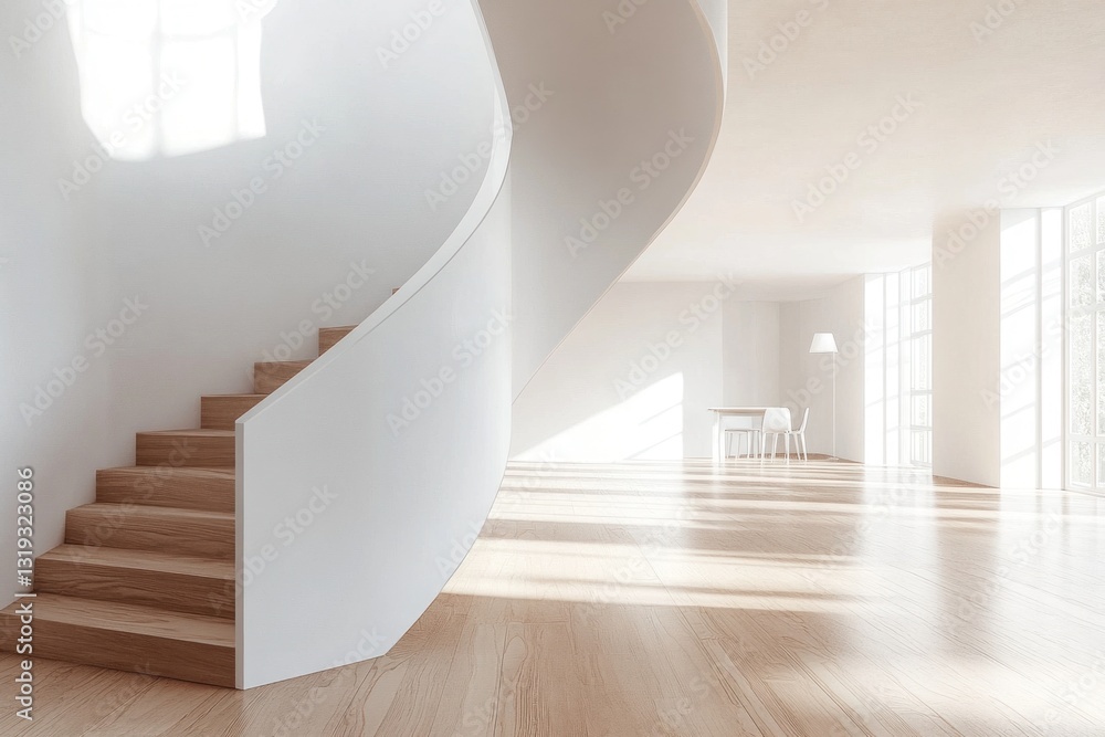 Obraz premium Modern minimalist interior with wooden spiral staircase and sunlight.