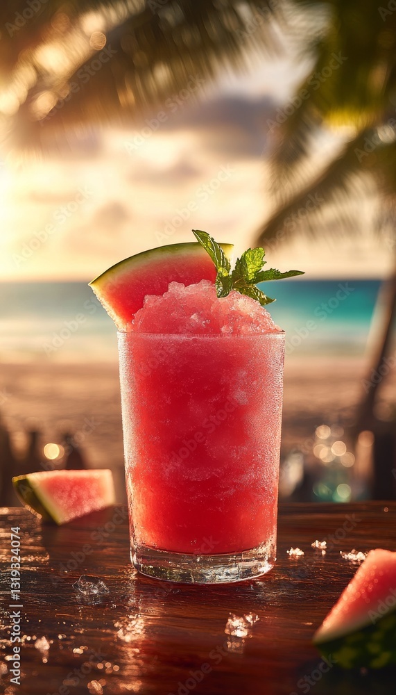 frozen watermelon margarita daquiri blended cocktail in a glass at a bar on the beach frozen watermelon margarita daquiri blended cocktail in a glass at a bar on the beach