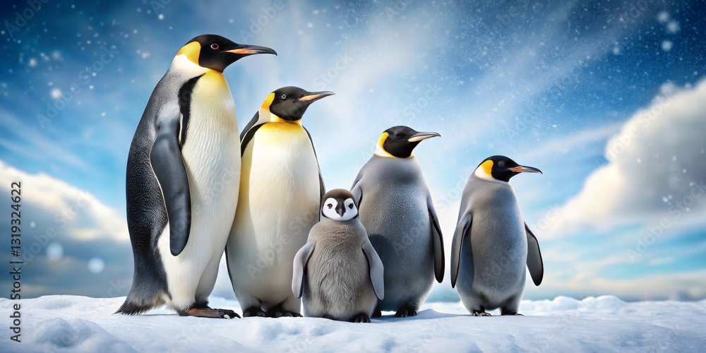 Obraz premium A Majestic Penguin Family Portrait on a Snowy Landscape Under a Serene Winter Sky