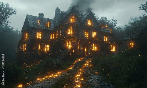 Mysterious mansion shrouded in mist, glowing windows, path of lights leading to entrance.  Eerie, gothic atmosphere photo