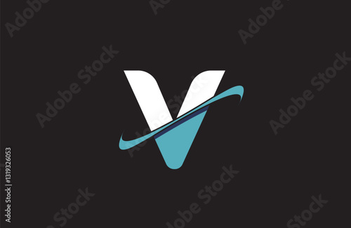 blue white V letter alphabet logo icon with cut swoosh design for company or business