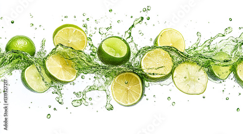 Slices of lemons and limes splash through green liquid, creating a dynamic and refreshing visual effect against a white background.