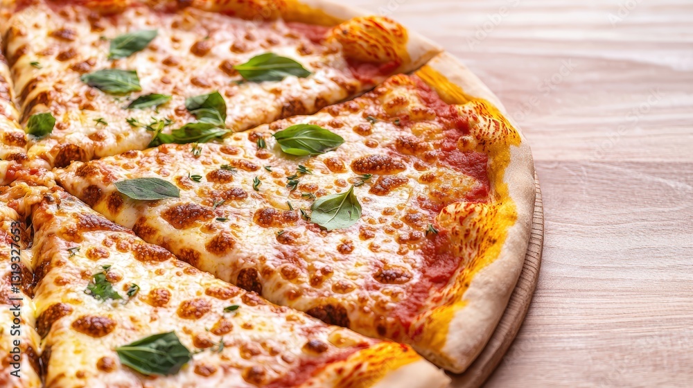 A close-up of a delicious pizza topped with gooey cheese and fresh basil highlighting a cheesy culinary delight A close-up of a delicious pizza topped with gooey cheese and fresh basil highlighting a cheesy culinary delight