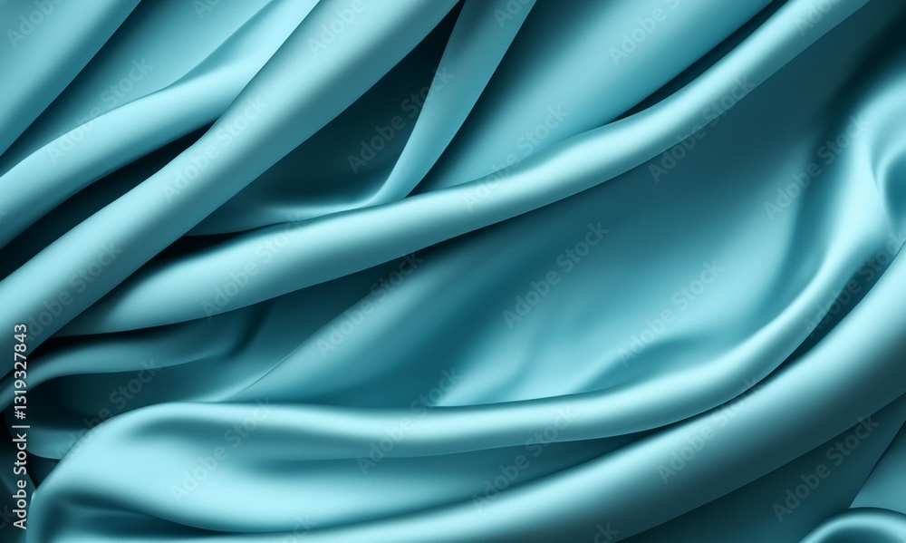 Obraz premium Cyan color silk satin background. Soft wavy folds on the fabric. Wedding, anniversary, valentine, love, tender, celebration, card. Beautiful blue abstract background with copy space for your design.