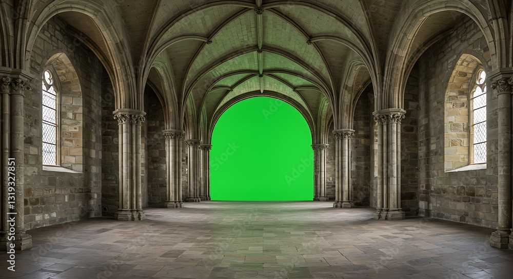 A medieval castle interior with sections covered by a green screen for digital modifications A medieval castle interior with sections covered by a green screen for digital modifications
