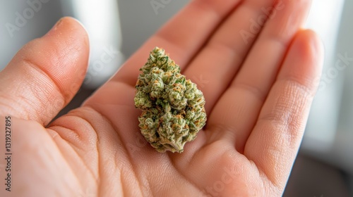 Close-up of a person holding a cannabis flower in hand showcasing the tactile experience of natural botanicals
