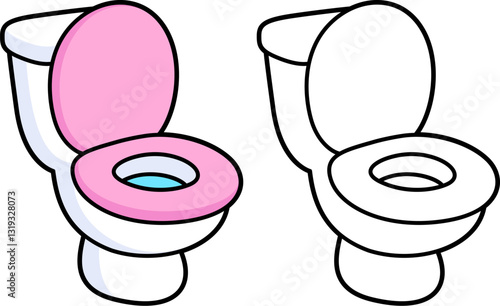 Toilet bowl cartoon drawing. Color and black and white line art. Simple vector clip art illustration.