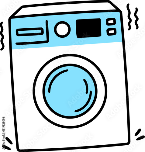 Front loading washing machine vibrating on spin cycle drawing. Hand drawn cartoon doodle. Simple vector icon.