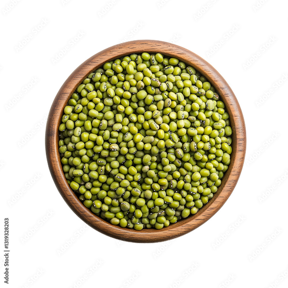 Overhead shot of a wooden bowl overflowing with fresh, green mung beans, showcasing their natural texture and vibrant color against a dark background. Overhead shot of a wooden bowl overflowing with fresh, green mung beans, showcasing their natural texture and vibrant color against a dark background.